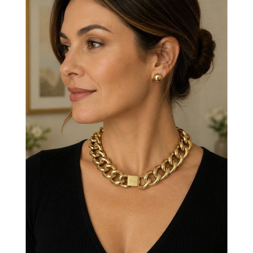 Vintage Erwin Pearl Gold Tone Chunky Cuban Link Necklace Choker Signed 17”
